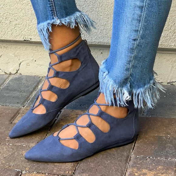 Denim Blue Pointy Toe Lace Up Classic Ballet Flats - Picture 6 of 8